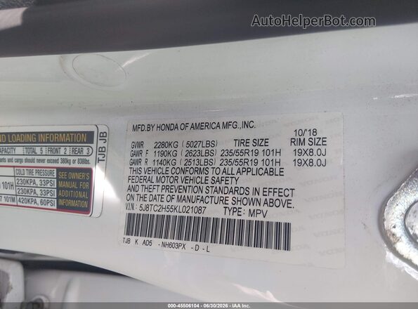 5J8TC2H55KL021087 2019 ACURA RDX White Engine compartment view