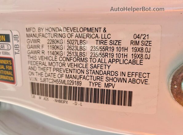 5J8TC2H55ML029189 2021 ACURA RDX White Вид наклейки з VIN-кодом