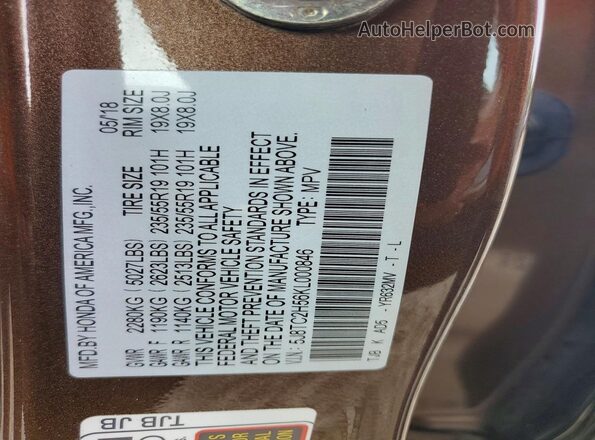 5J8TC2H56KL000846 2019 ACURA RDX Brown VIN კოდის სტიკერის ხედი