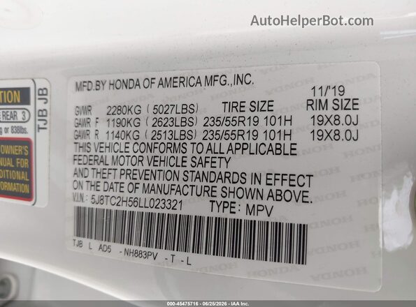5J8TC2H56LL023321 2020 ACURA RDX White Շարժիչի բաժամունքի տեսք