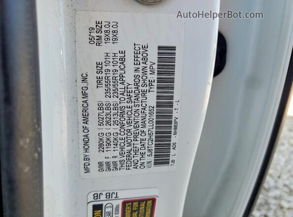 5J8TC2H57LL001652 2020 ACURA RDX White Вид підкапотного простору