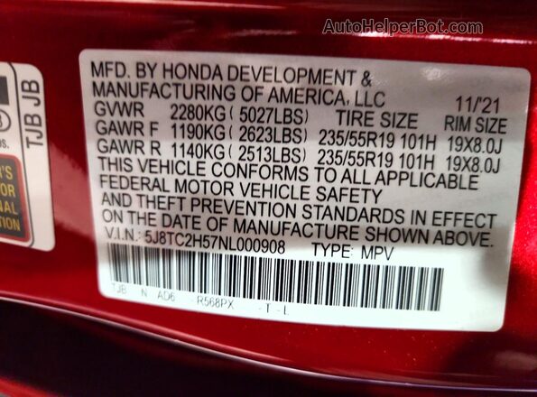5J8TC2H57NL000908 2022 ACURA RDX Red სალონის 360-გრადუსიანი ხედი