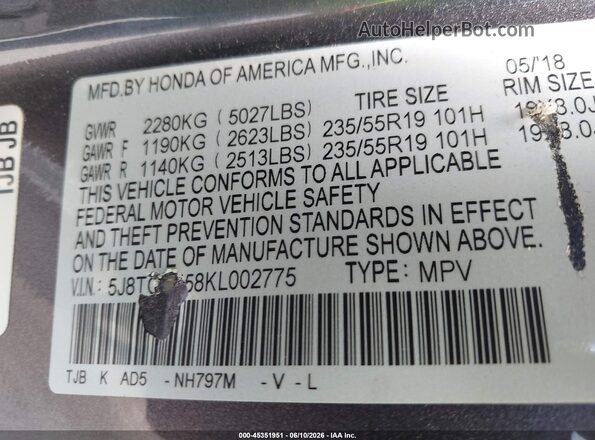 5J8TC2H58KL002775 2019 ACURA RDX Gray ძრავის განყოფილების ხედი