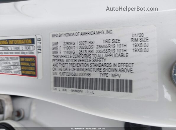 5J8TC2H58LL033168 2020 ACURA RDX Белый Вид подкапотного пространства