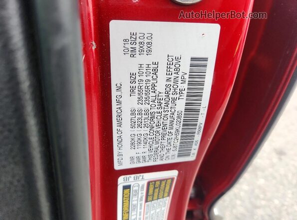 5J8TC2H59KL020850 2019 ACURA RDX Red Vista de la etiqueta del VIN