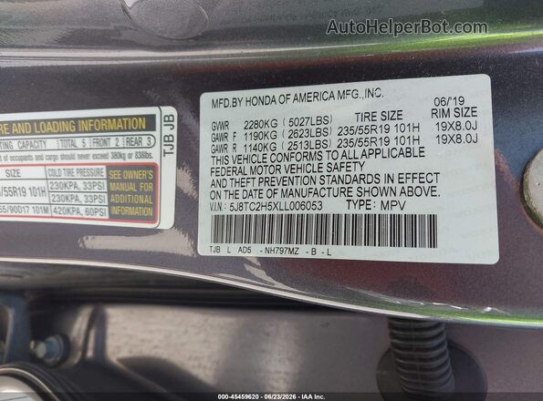 5J8TC2H5XLL006053 2020 ACURA RDX Gray Շարժիչի բաժամունքի տեսք