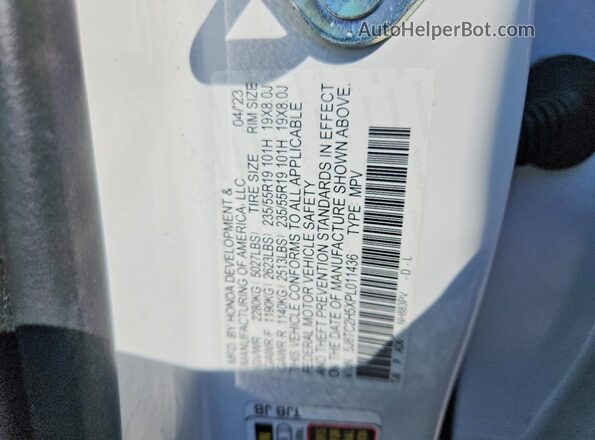 5J8TC2H5XPL011436 2023 ACURA RDX White VIN კოდის სტიკერის ხედი