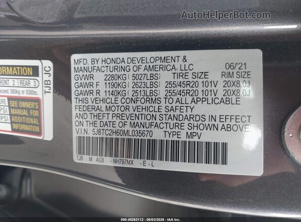 5J8TC2H60ML035670 2021 ACURA RDX Gray 