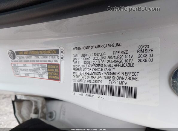 5J8TC2H61LL037099 2020 ACURA RDX White Widok komory silnika