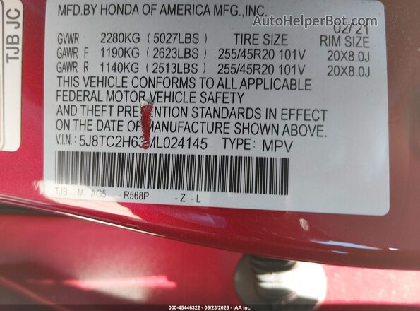 5J8TC2H63ML024145 2021 ACURA RDX Red Engine compartment view