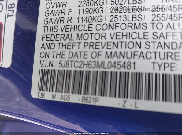5J8TC2H63ML045481 2021 ACURA RDX Blue Engine compartment view
