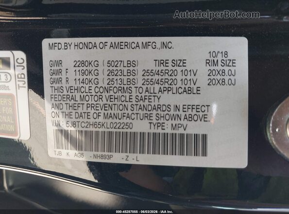 5J8TC2H65KL022250 2019 ACURA RDX Black Вид підкапотного простору