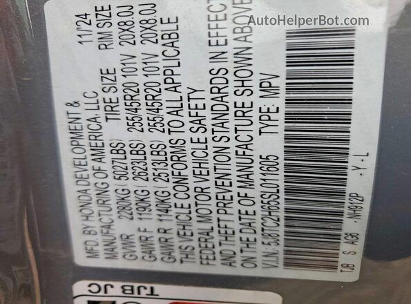 5J8TC2H65SL011605 2025 ACURA RDX Gray Vista de la etiqueta del VIN