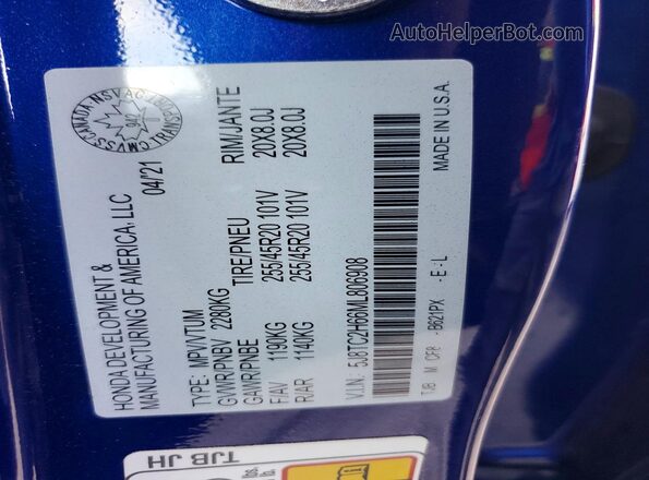 5J8TC2H66ML806908 2021 ACURA RDX Blue Vista de la etiqueta del VIN