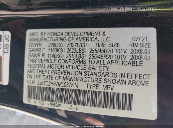 5J8TC2H67ML037514 2021 ACURA RDX Black Engine compartment view
