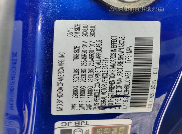5J8TC2H68LL014581 2020 ACURA RDX Blue VIN sticker view