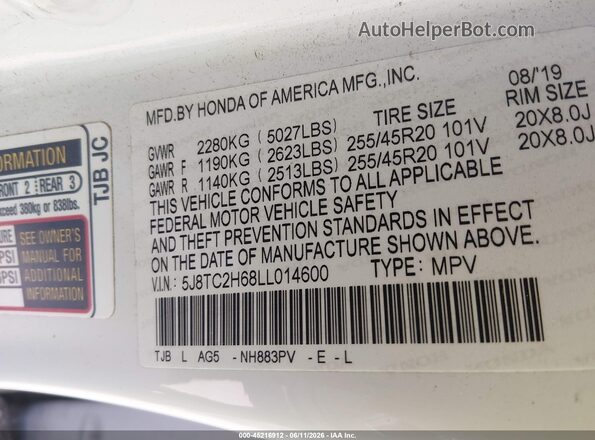 5J8TC2H68LL014600 2020 ACURA RDX White 