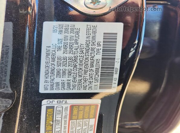 5J8TC2H68ML031415 2021 ACURA RDX Black Widok naklejki z numerem VIN