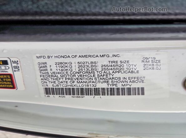 5J8TC2H6XLL018132 2020 ACURA RDX White Vista de la etiqueta del VIN