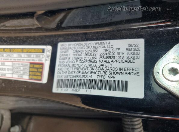 5J8TC2H6XNL012124 2022 ACURA RDX Black Вид наклейки з VIN-кодом