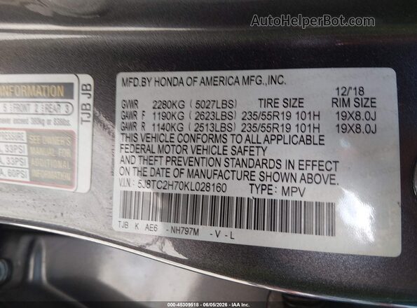 5J8TC2H70KL028160 2019 ACURA RDX Gray Շարժիչի բաժամունքի տեսք