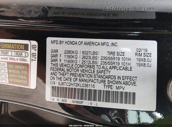 5J8TC2H72KL036115 2019 ACURA RDX Black Vista del compartimento del motor