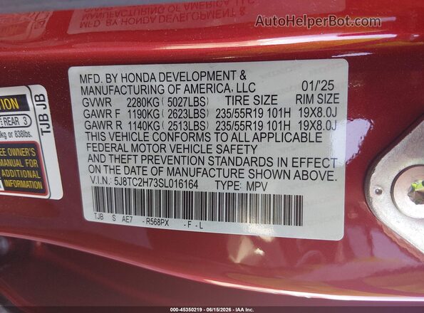 5J8TC2H73SL016164 2025 ACURA RDX Red ძრავის განყოფილების ხედი