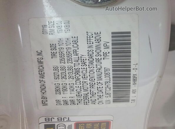 5J8TC2H78LL008787 2020 ACURA RDX White Панорамний вид салону 360°