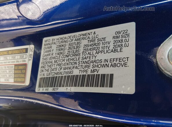 5J8TC2H85NL016583 2022 ACURA RDX Синий Вид подкапотного пространства