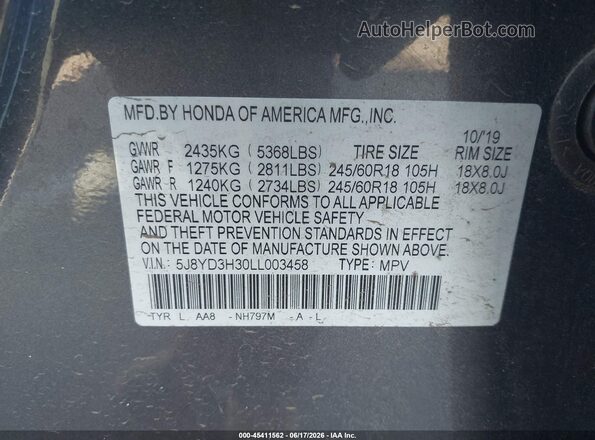5J8YD3H30LL003458 2020 ACURA MDX Gray Շարժիչի բաժամունքի տեսք