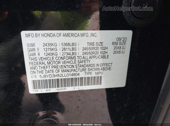 5J8YD3H52LL014804 2020 ACURA MDX Black Vista del compartimento del motor