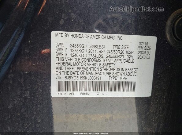 5J8YD3H55KL000491 2019 ACURA MDX Black Engine compartment view