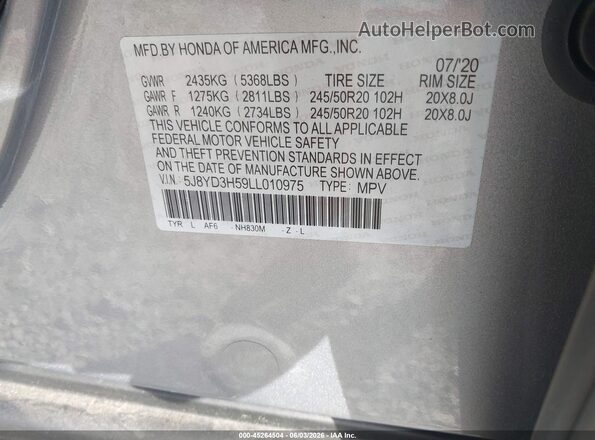 5J8YD3H59LL010975 2020 ACURA MDX Silver Engine compartment view