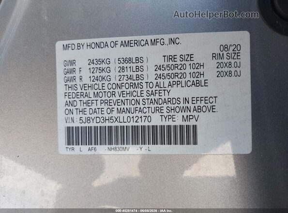 5J8YD3H5XLL012170 2020 ACURA MDX Silver Engine compartment view
