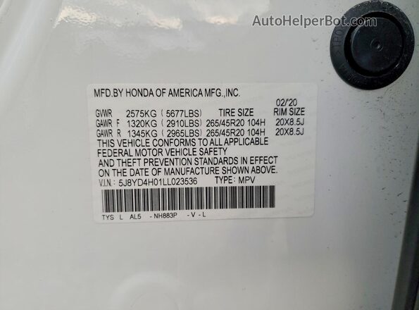 5J8YD4H01LL023536 2020 ACURA MDX White Vista de la etiqueta del VIN