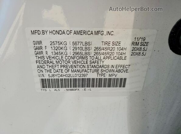 5J8YD4H02LL012397 2020 ACURA MDX White 