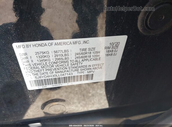 5J8YD4H30LL047143 2020 ACURA MDX Black Engine compartment view