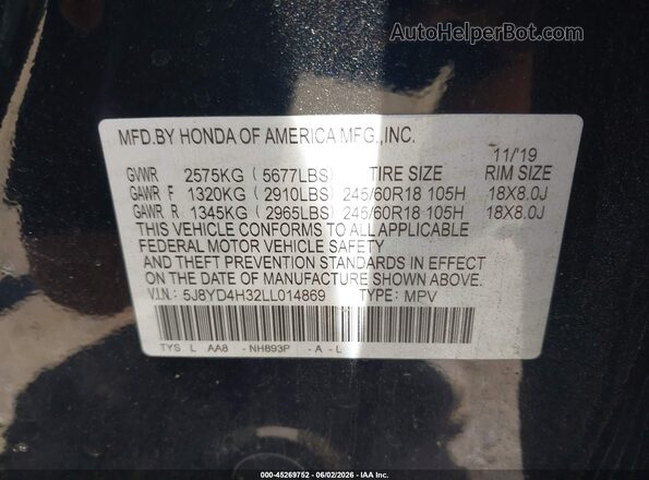 5J8YD4H32LL014869 2020 ACURA MDX Black Вид підкапотного простору