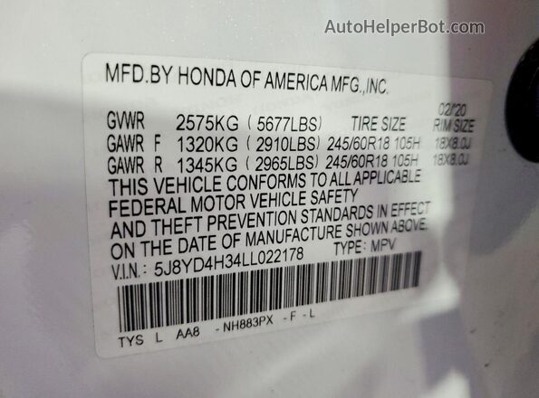 5J8YD4H34LL022178 2020 ACURA MDX White 
