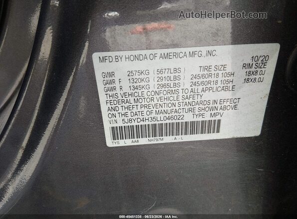 5J8YD4H35LL046022 2020 ACURA MDX Gray Engine compartment view