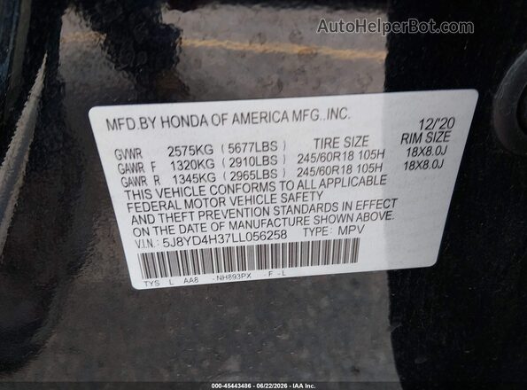 5J8YD4H37LL056258 2020 ACURA MDX Черный Вид подкапотного пространства