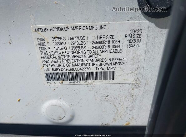 5J8YD4H38LL042370 2020 ACURA MDX White Widok komory silnika