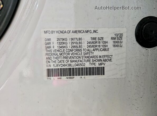 5J8YD4H38LL046502 2020 ACURA MDX White VIN sticker view