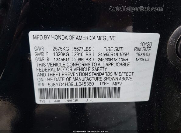 5J8YD4H39LL045360 2020 ACURA MDX Black Շարժիչի բաժամունքի տեսք