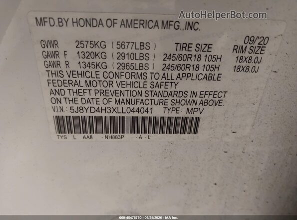 5J8YD4H3XLL044041 2020 ACURA MDX White Շարժիչի բաժամունքի տեսք