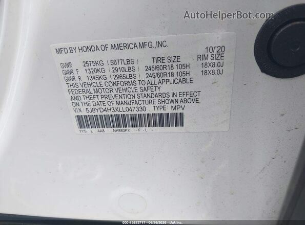5J8YD4H3XLL047330 2020 ACURA MDX White Vista del compartimento del motor