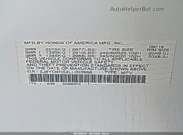 5J8YD4H52LL003968 2020 ACURA MDX White 
