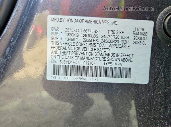 5J8YD4H52LL012167 2020 ACURA MDX Charcoal 