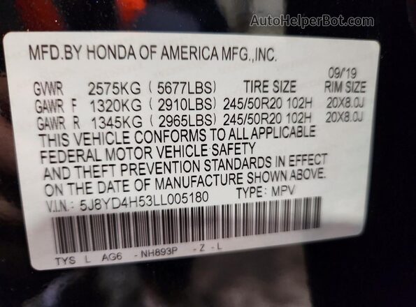 5J8YD4H53LL005180 2020 ACURA MDX Black 