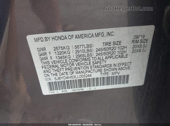 5J8YD4H53LL005244 2020 ACURA MDX Gray Widok komory silnika